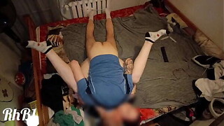 Red-haired virgin in socks reaches big O in missionary locality with her legs up