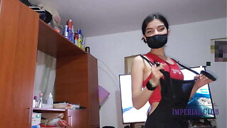 This babe tries on her underclothing in obverse of me so I have a right to fuck her and I fuck her trifle times