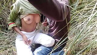 Indian young Desi girl took to the forest pressed her bazookas and fucked her