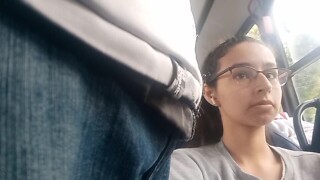 Nerd Lassie Flashing Bulge in Bus